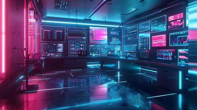 A neon room with a lot of computer monitors and a chair