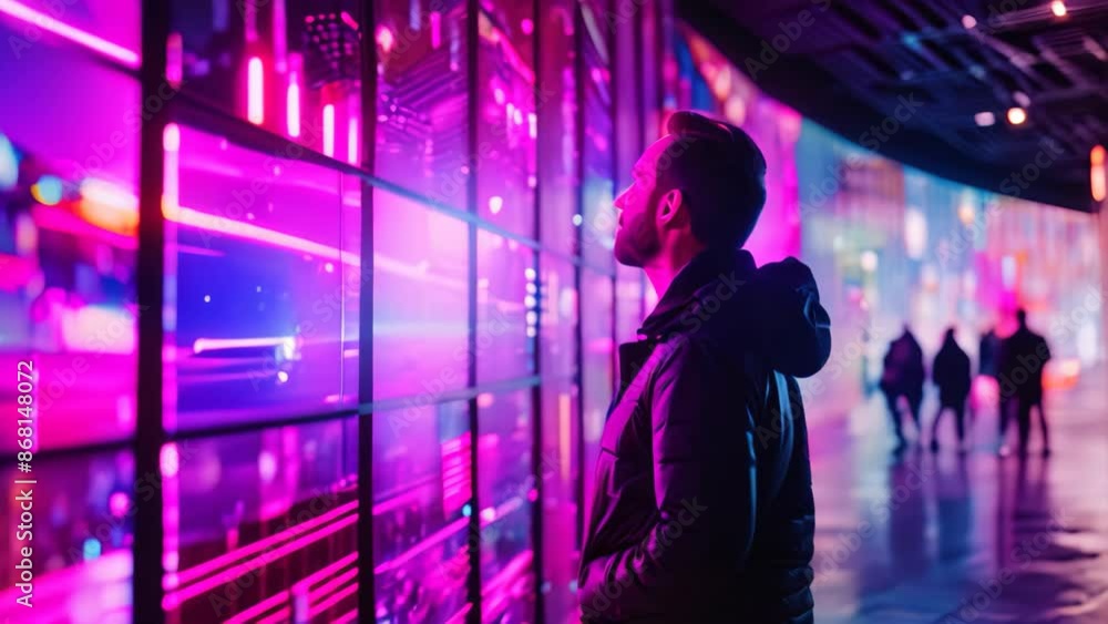 Poster a man standing in front of vibrant digital screens displaying interactive content, digital screens d