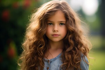 Fototapeta premium Portrait of a cute little girl with long curly hair outdoor.