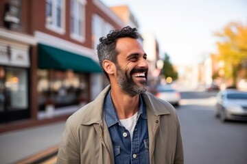 Fototapeta premium Handsome middle-aged man with beard laughing in a city street.