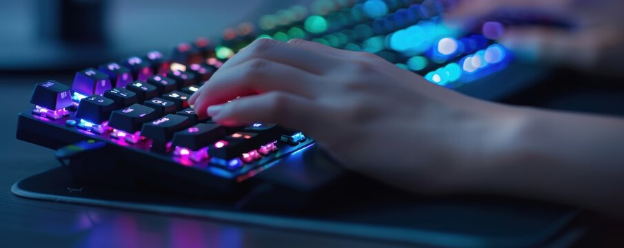 Close-up of a person's hands typing on a mechanical keyboard with vibrant RGB backlighting in a dark gaming setup.
