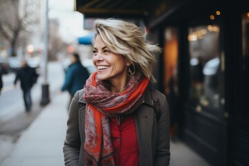 Fototapeta premium Portrait of a beautiful woman with blond hair and red scarf in the city