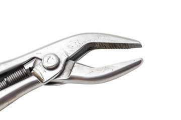 Obraz premium Close-up image of steel pliers isolated on white background, showcasing a tool essential for gripping and tightening materials.