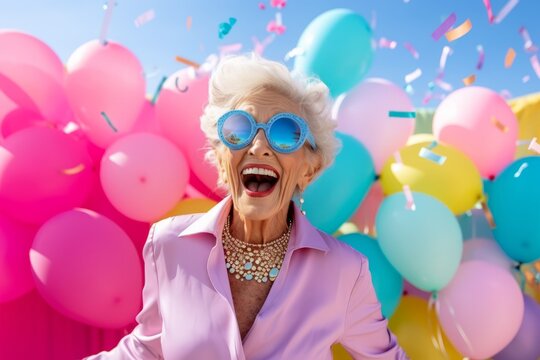 Cheerful senior woman with balloons and confetti at birthday party - Powered by Adobe