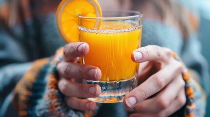 Refreshing Close-Up of Hands Holding Glass of Fresh Orange Juice - Healthy Lifestyle and Hydration Concept