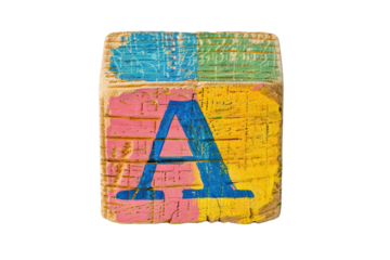 Vintage wooden alphabet block with letter A and colorful paint. Rustic, retro, and educational toy for children or decoration.