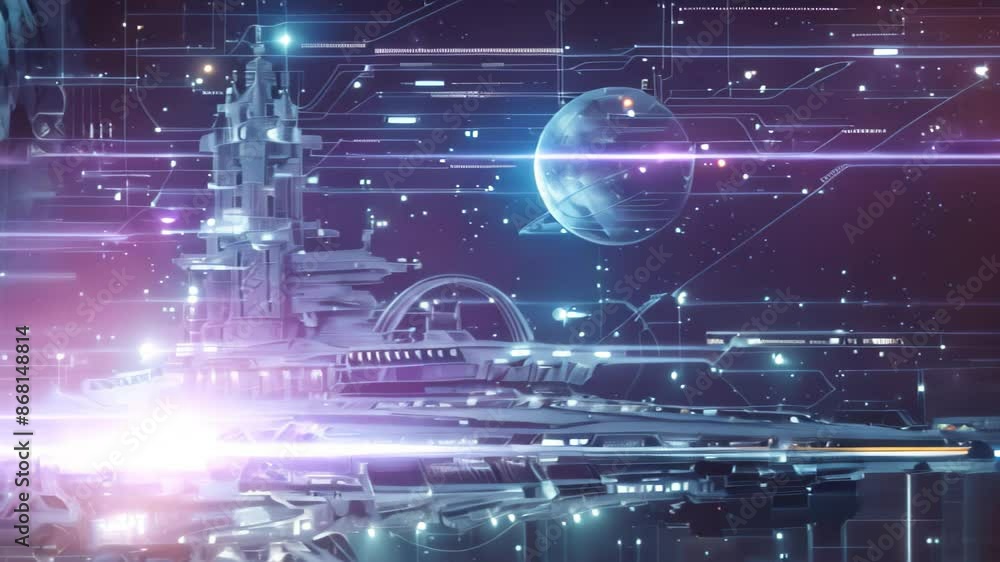 Poster a futuristic spaceship floats in space, showcasing advanced technology and design, digitally rendere