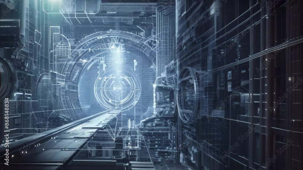 Poster a digitally rendered blueprint of a futuristic tunnel network, digitally rendered blueprint drawing 