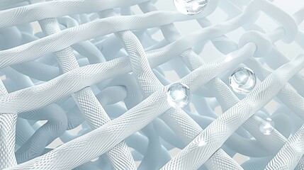 3D illustration of white woven fabric with water droplets floating above it, Clothing cleaning supplies concept