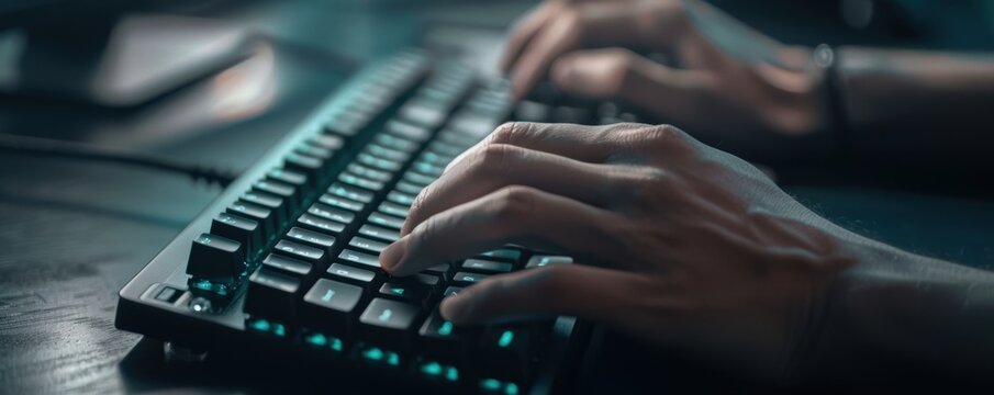 Close-up of hands typing on a mechanical keyboard with RGB lighting, highlighting the focus and precision of digital work or gaming.