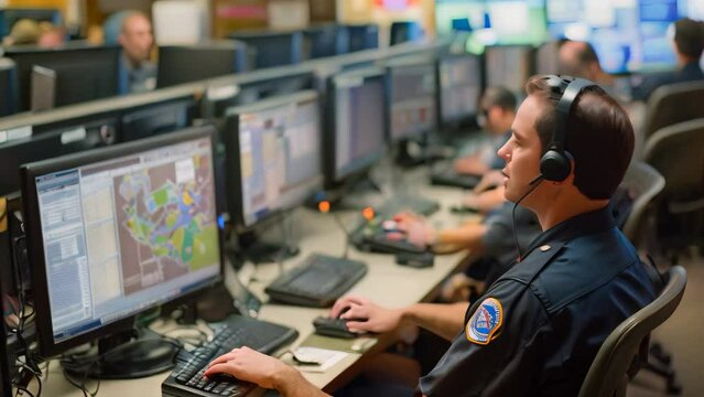 Team of individuals focused on monitors and keyboards in a busy control room, coordinating multiple responses, Dispatch center coordinating multiple responses