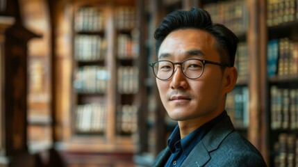 Fototapeta premium Portrait of an handsome Korean man in his 40s wearing glasses with formal slick hairstyle smooth beardless face, wearing a suit in a luxury ancient library.