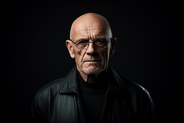 Portrait of an old man in a black leather jacket and glasses.