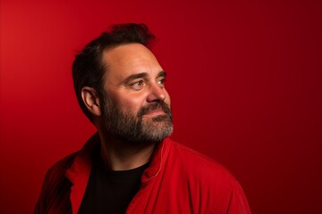 Fototapeta premium Handsome man with beard and red shirt on a red background