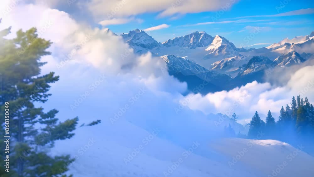 Poster a mountain range with snow-covered peaks visible in the background under a foggy sky, distant snow-c