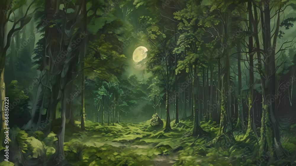 Poster a painting featuring a dense forest under a full moon, with moss-covered trees creating a mystical s