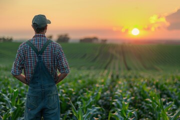 Fototapeta premium Farmer Observing Sunset Over Cornfield 