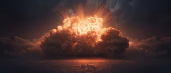 Dramatic explosion in the sky with fiery clouds illuminating the scene, creating an intense and powerful atmosphere.