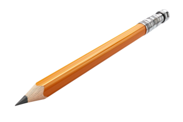 A sharpened yellow pencil with an eraser on a white background, ideal for writing, drawing, or school purposes.