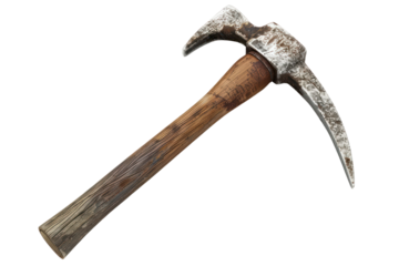 Rustic wooden-handled pickaxe with metal head. Ideal for mining, archaeology, and outdoor projects. Isolated on white background.