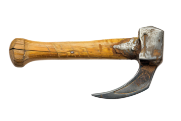 A rusty vintage tool with a wooden handle and a curved metal blade against a white background, showcasing wear and tear.
