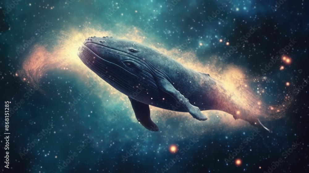 Poster surreal art design of a whale floating in space with a cosmic background and starry sky. digital art
