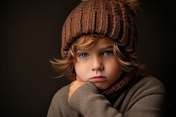 Portrait of a sad little boy in a knitted cap.