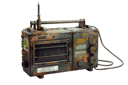 Vintage military radio transceiver isolated on white background, old communication device with weathered appearance and analog controls.