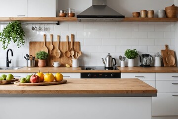 Background of a beautiful and bright kitchen with desk for objects