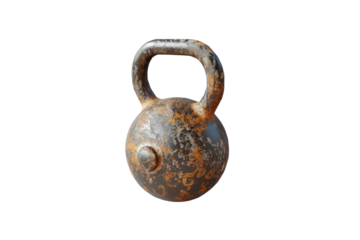 Rusty vintage kettlebell isolated on white background, showing detailed texture and aged surface. Perfect for fitness, gym, and antique themes.
