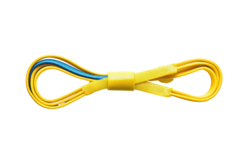 Yellow electrical cable with blue and orange interior wires neatly looped and secured with a yellow tie, isolated on white background.