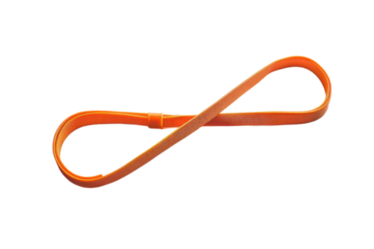 Orange resistance band in the shape of an infinity symbol, designed for fitness and stretching exercises against a white background.