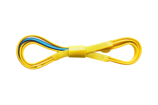 Yellow electrical cable with blue and orange interior wires neatly looped and secured with a yellow tie, isolated on white background.