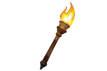 A high-quality image of a lit torch with a wooden handle and a bright flame, suitable for various uses in design and illustration projects.