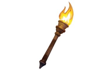 A high-quality image of a lit torch with a wooden handle and a bright flame, suitable for various uses in design and illustration projects.