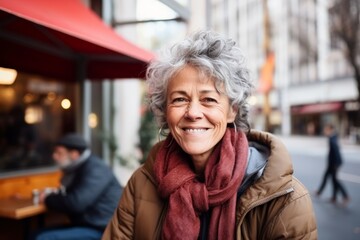 Portrait of a happy senior woman in a street cafe, smiling