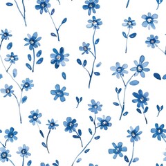 Seamless pattern with small blue hand-drawn flowers on a white background