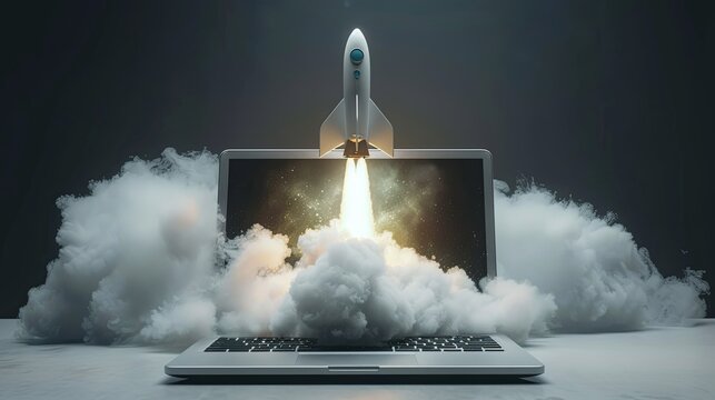 Rocket launching from laptop computer into cloud of smoke. Concept of startup, innovation, success, growth, and technology.