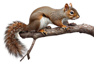 Cute squirrel perched on a branch with a bushy tail, looking alert and curious. Perfect for wildlife and nature-themed content.