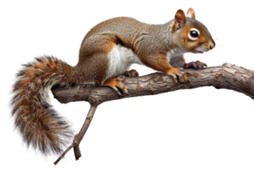 Cute squirrel perched on a branch with a bushy tail, looking alert and curious. Perfect for wildlife and nature-themed content.