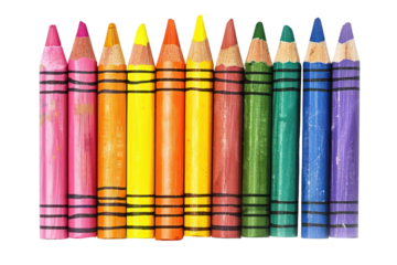 Colorful crayons arranged in a horizontal line. Ideal for art projects, education, and creativity. Bright and vibrant shades.