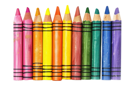 Colorful crayons arranged in a horizontal line. Ideal for art projects, education, and creativity. Bright and vibrant shades.