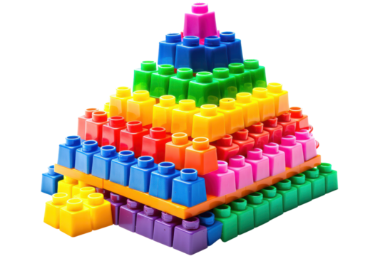 Colorful pyramid structure made of interlocking plastic toy bricks arranged in layers, showcasing vibrant shades and creative construction.