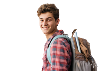 Cheerful young man with backpack, plaid shirt looking back, isolated on white background, ready for adventure, travel, or hiking.
