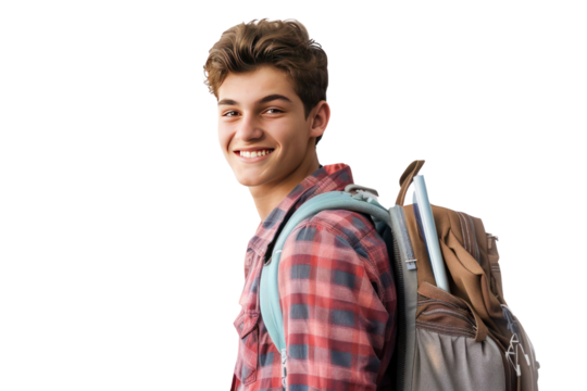 Cheerful young man with backpack, plaid shirt looking back, isolated on white background, ready for adventure, travel, or hiking.