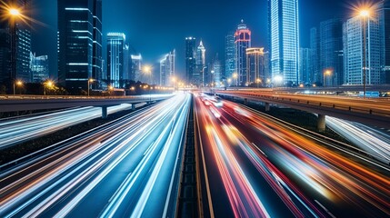 Fototapeta premium High speed urban traffic on a city highway during evening rush hour, car headlights and busy night transport captured by motion blur lighting effect and abstract long exposure photography