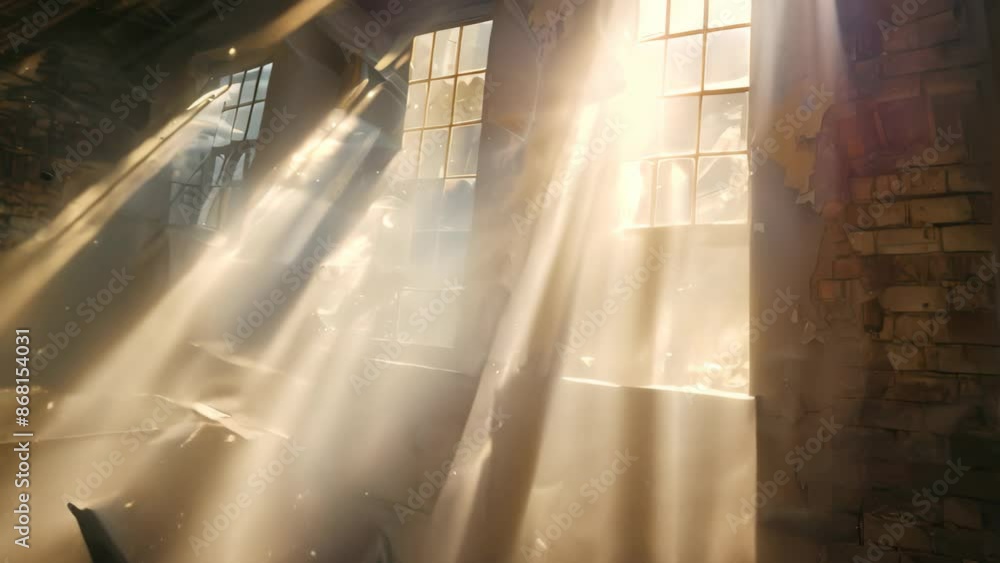 Poster rays of light filtering through window in aged architecture, illuminating dust motes in the air, dus