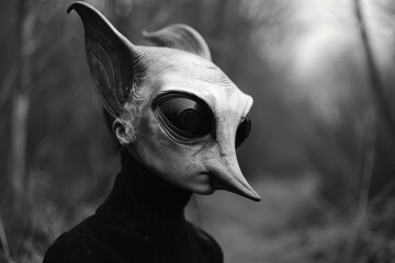 Fototapeta premium A bizarre creature with a beak-like nose and large black eyes in a monochromatic forest