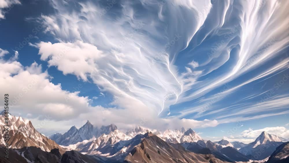 Poster Fluffy clouds move across the sky above a grand mountain range, Dynamic clouds dancing around the towering mountains