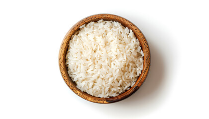 rice in a wooden bowl isolated on white background. Top view. Flat lay